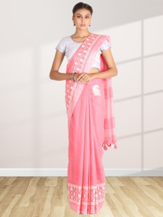 Pink Linen Saree With Modish Work