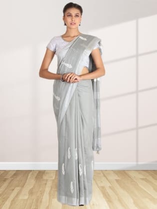 Light Grey Linen Saree With Modish Work