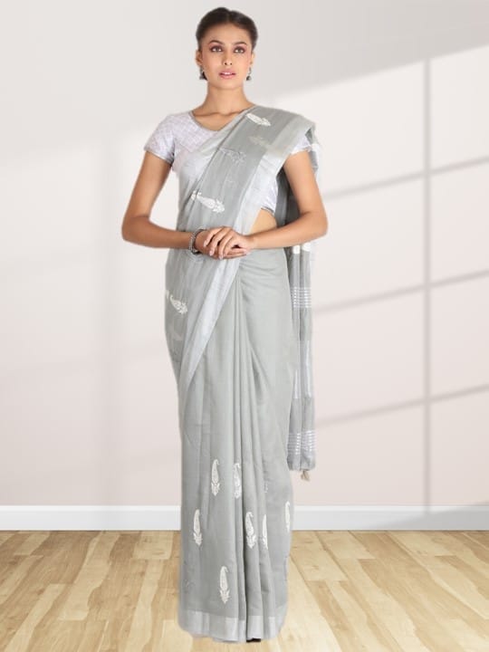 Light Grey Linen Saree With Modish Work