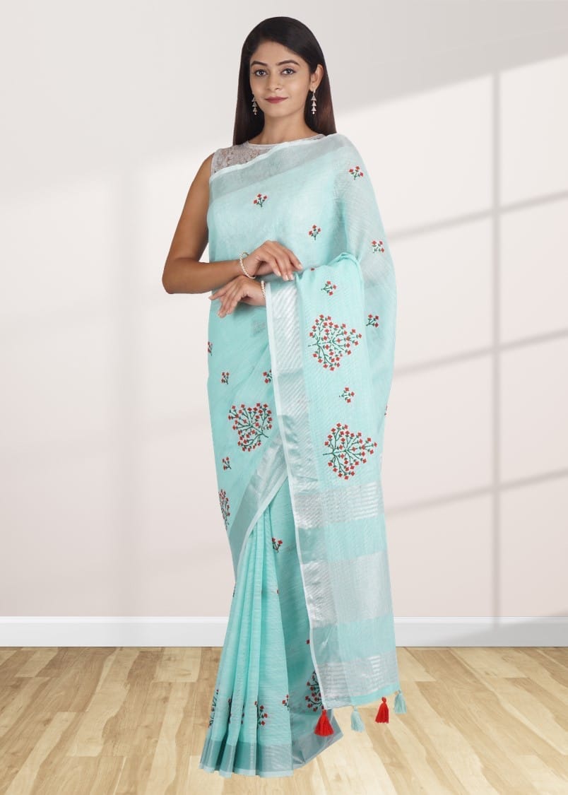 Sea Green Linen Saree With Modish Work