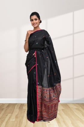 Black Tussar Silk Saree with Contrast Border
