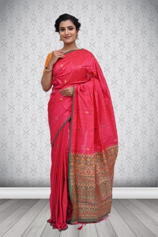 Pink Tussar Silk Saree with Contrast Border