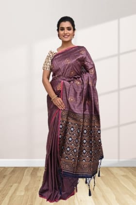 Mauve Tussar Silk Saree with Contrast Border