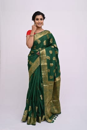 Beautiful Bottle Green Saree With Modish Design and Zari Border