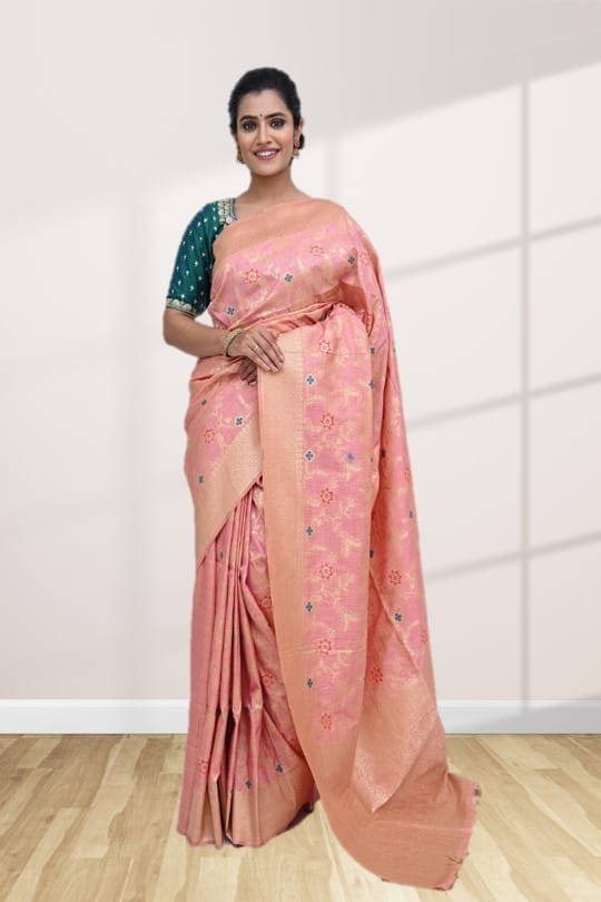 Peach Khadi Silk Saree With Jaal Work
