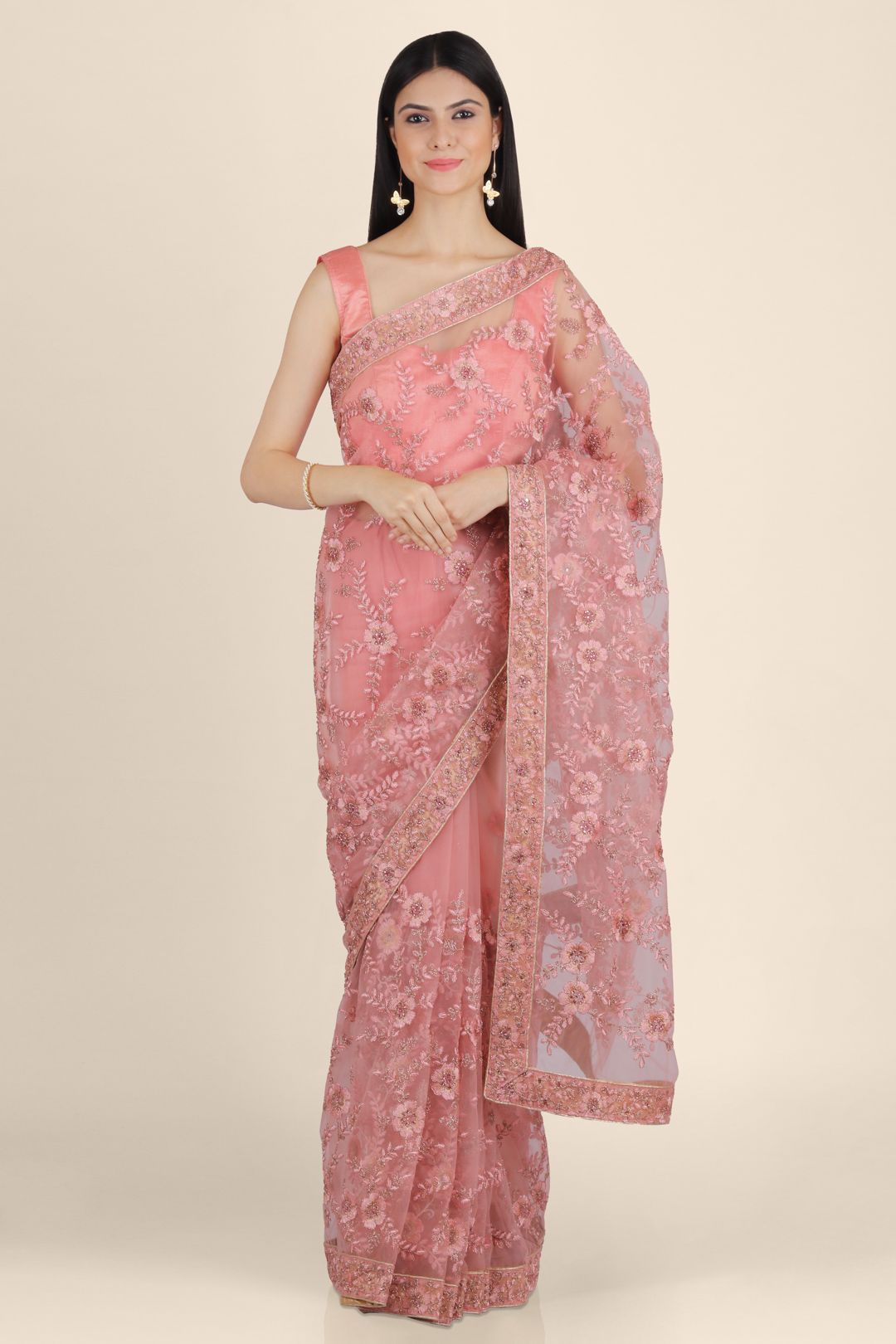 Gorgeous Pink Net Embroidery Saree