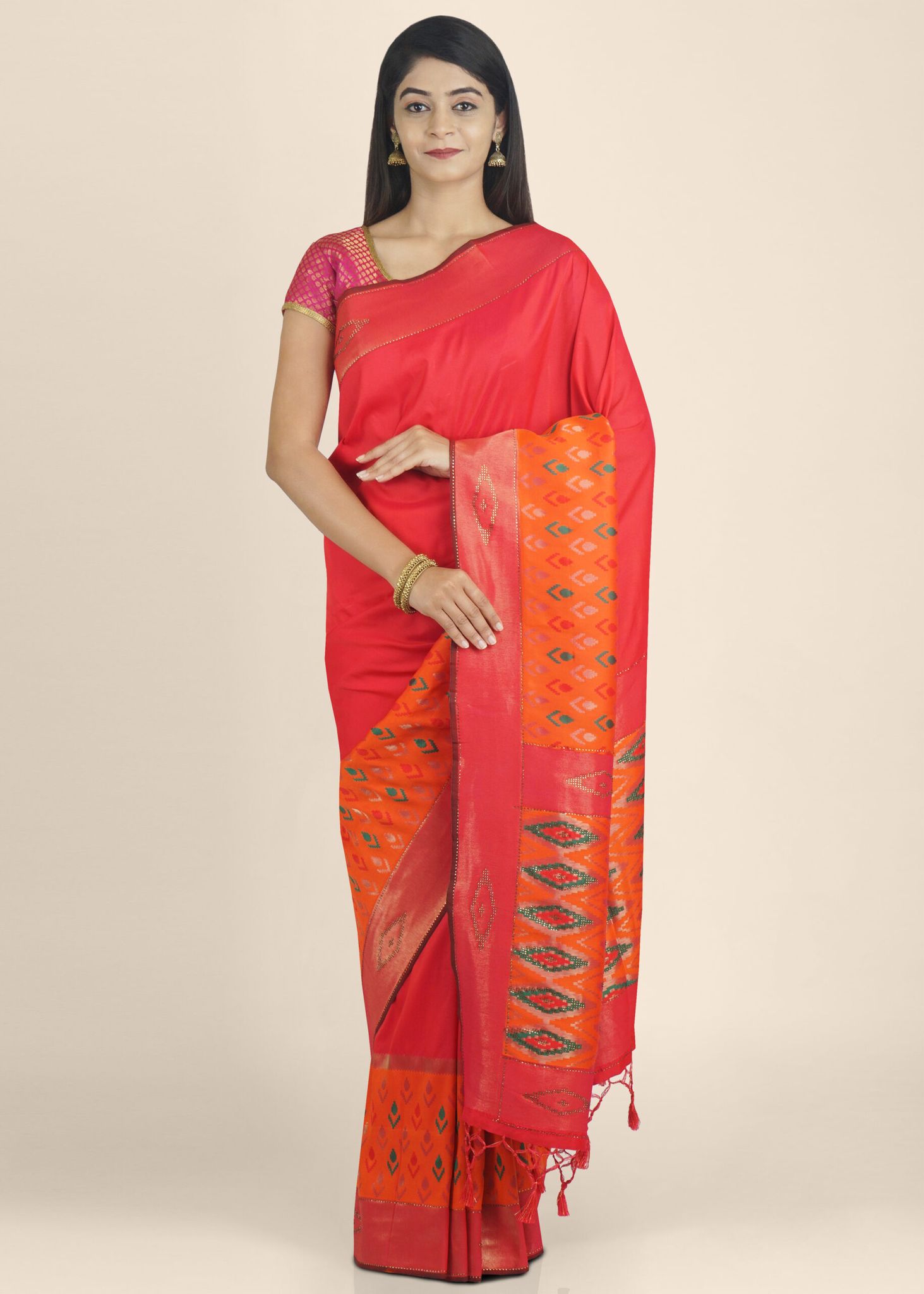 Pink and Orange Patola Soft Silk Saree With Tikli work