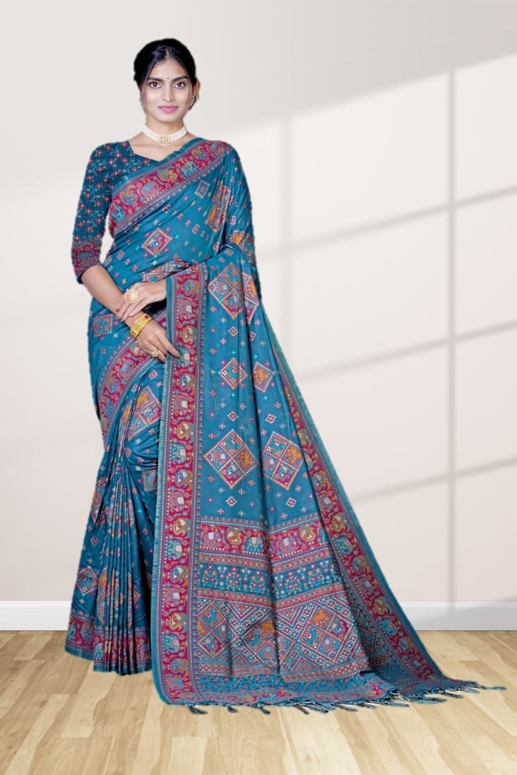 Pashmina Silk Saree Peacock Green