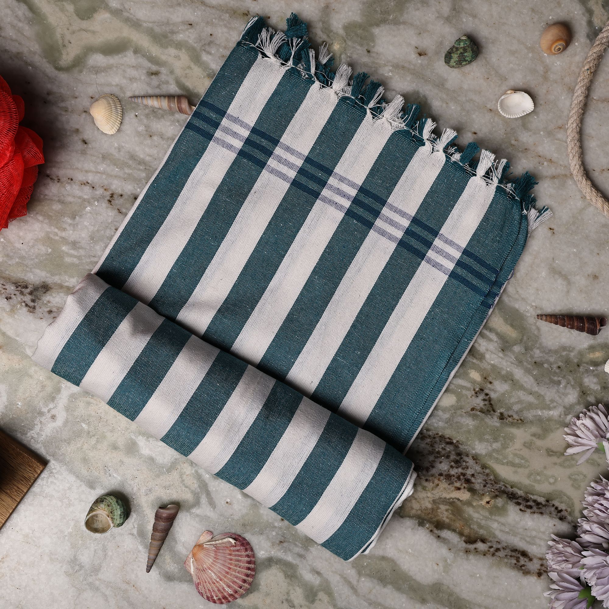 SME Handloom Cotton Bath Towels/Big Durable, Comfort Bath Towel for Men and Women Large Size Combo Pack of 2 (Green Stripe & White)