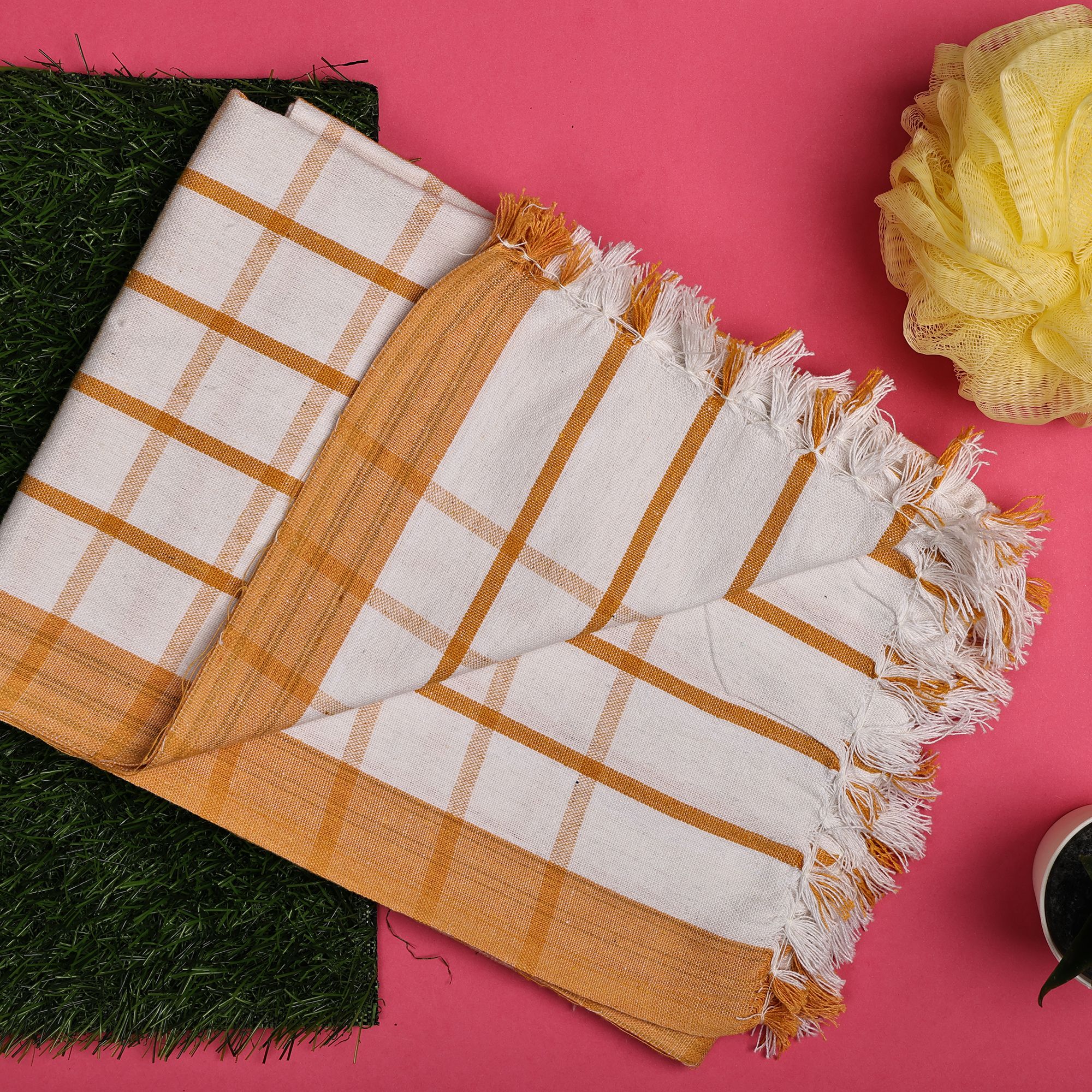 SME Handloom Cotton Bath Towels/Big Durable, Comfort Bath Towel for Men and Women Large Size Combo Pack of 2 (Green Stripe & White)