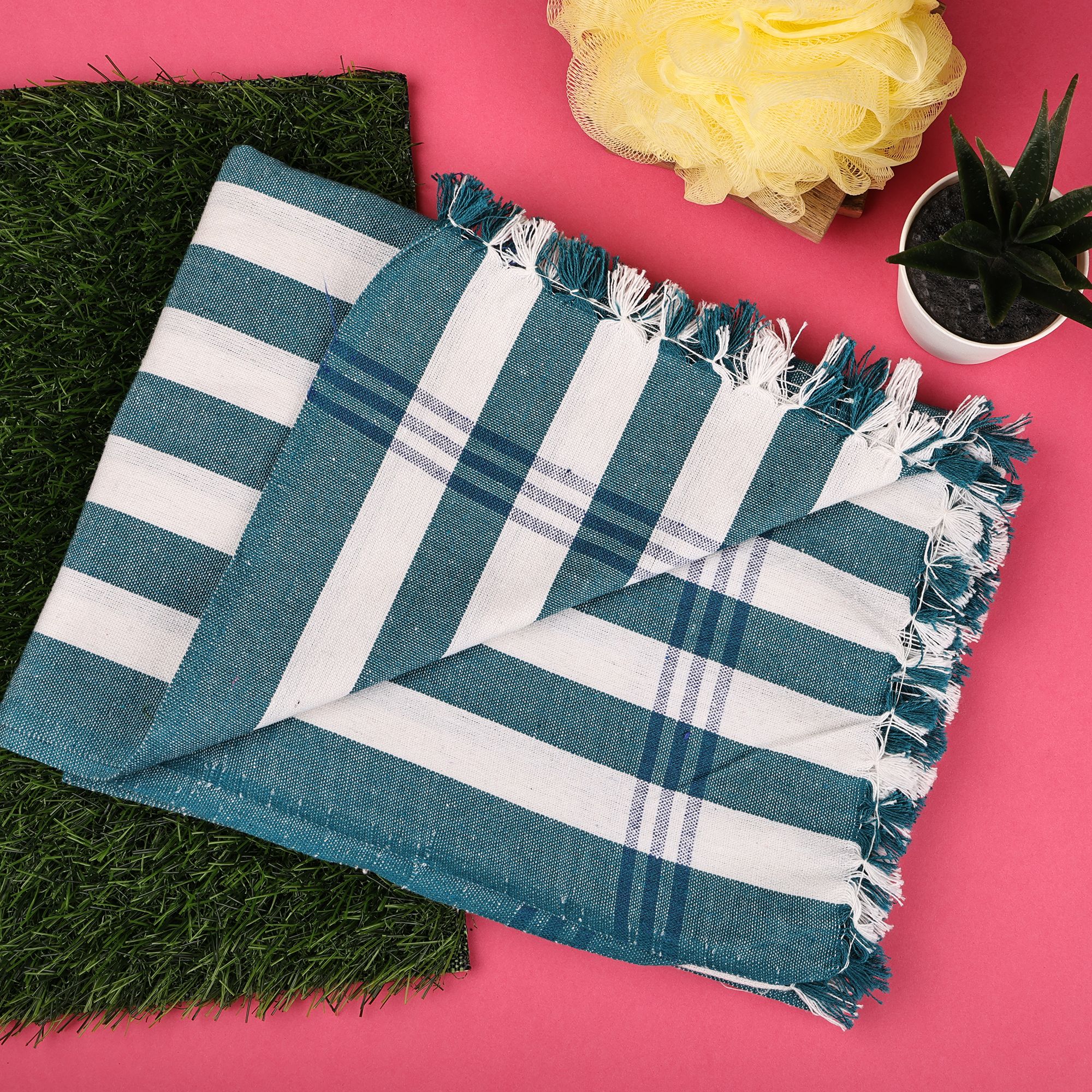 SME Handloom Cotton Bath Towels/Big Durable, Comfort Bath Towel for Men and Women Large Size Combo Pack of 2 (Green Stripe & White)