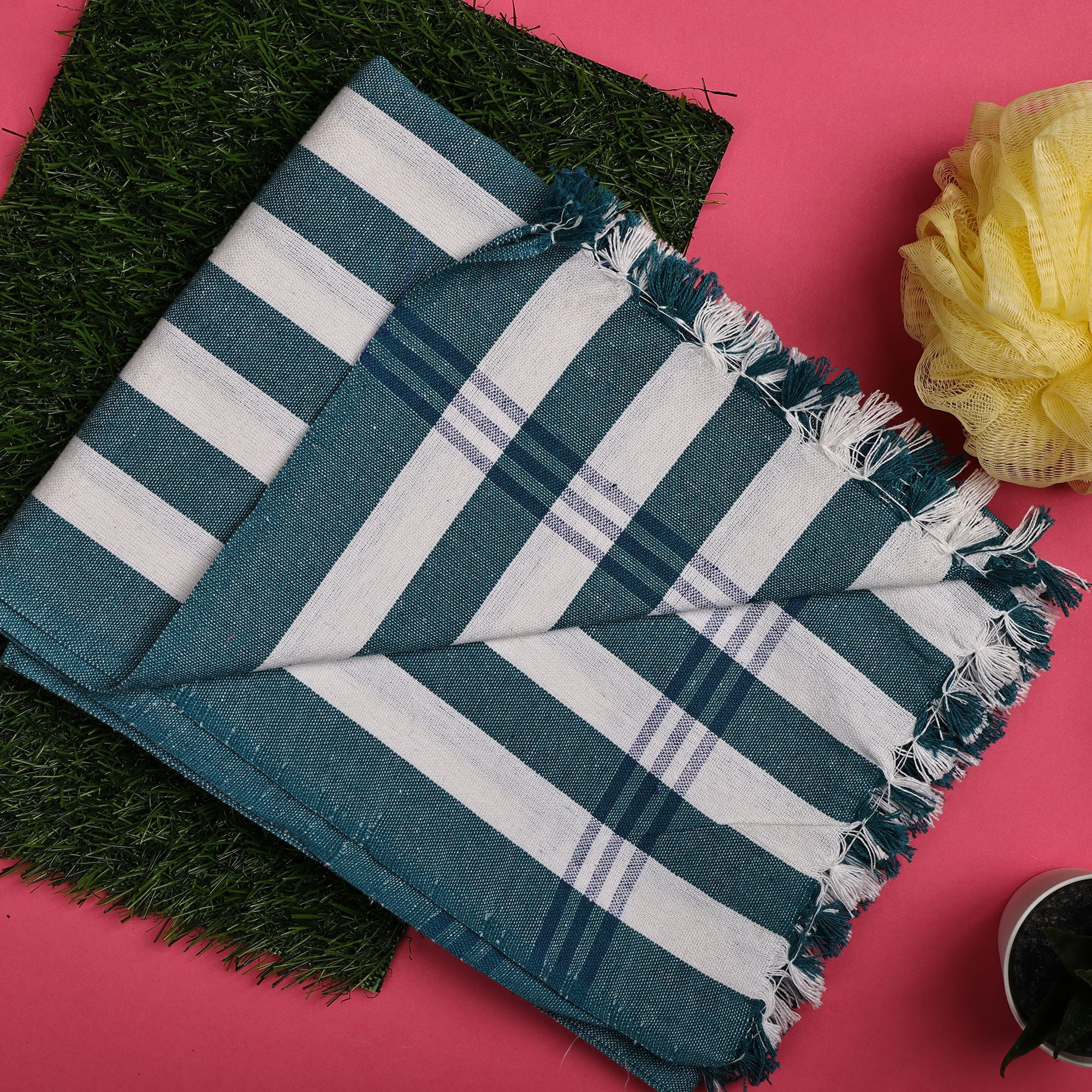 SME Handloom Cotton Bath Towels/Big Durable, Comfort Bath Towel for Men and Women Large Size Combo Pack of 2 (Green Stripe & White)