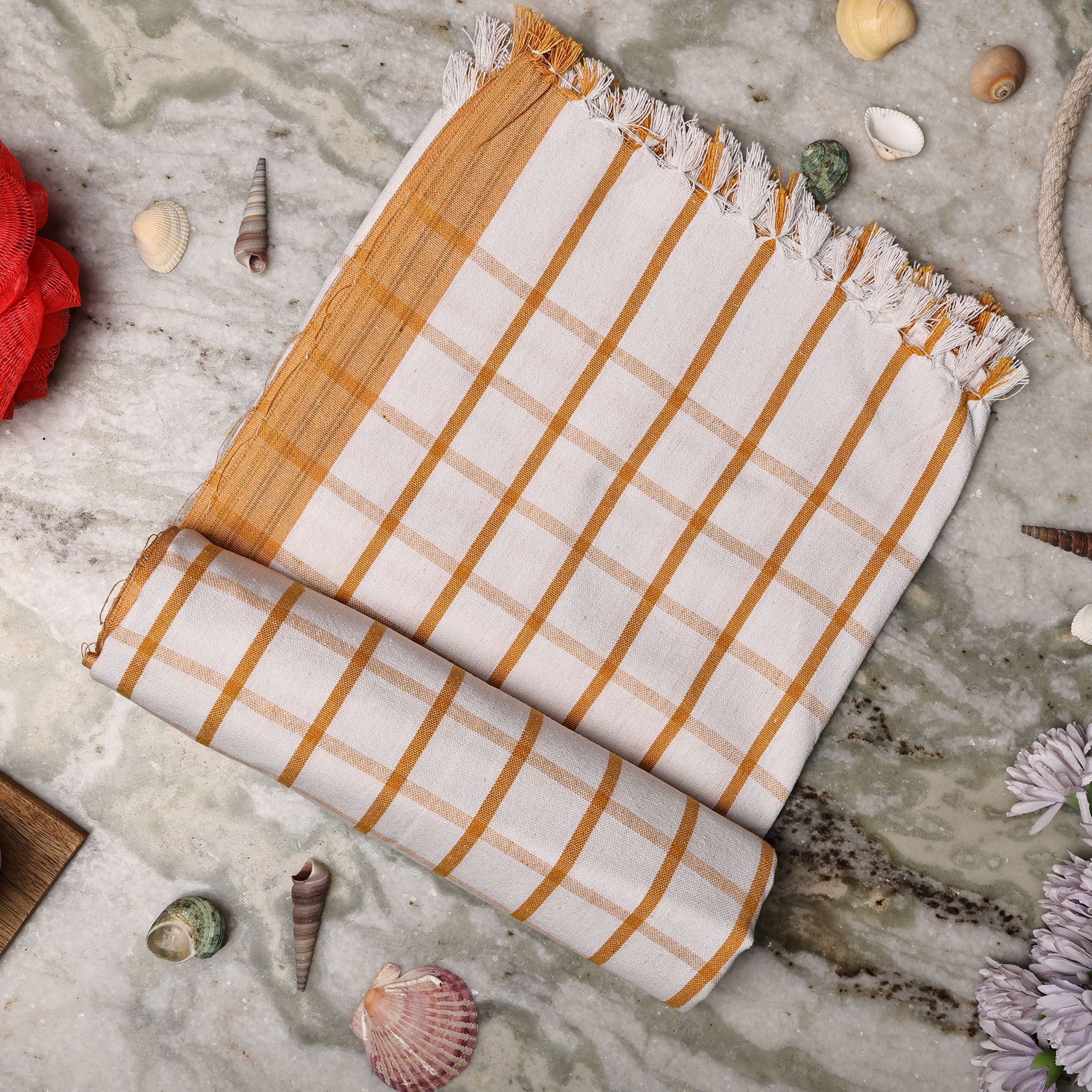 SME Handloom Cotton Bath Towels/Big Towel Comfort Bath Towel for Men and Women, Large Size Combo Pack of 2 (Blue & Orange White Stripe)