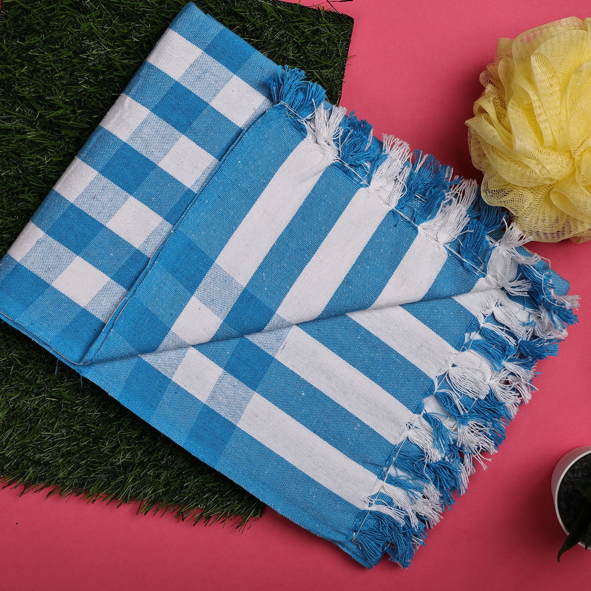 SME Handloom Cotton Bath Towels/Big Towel Comfort Bath Towel for Men and Women, Large Size Combo Pack of 2 (Blue & Orange White Stripe)