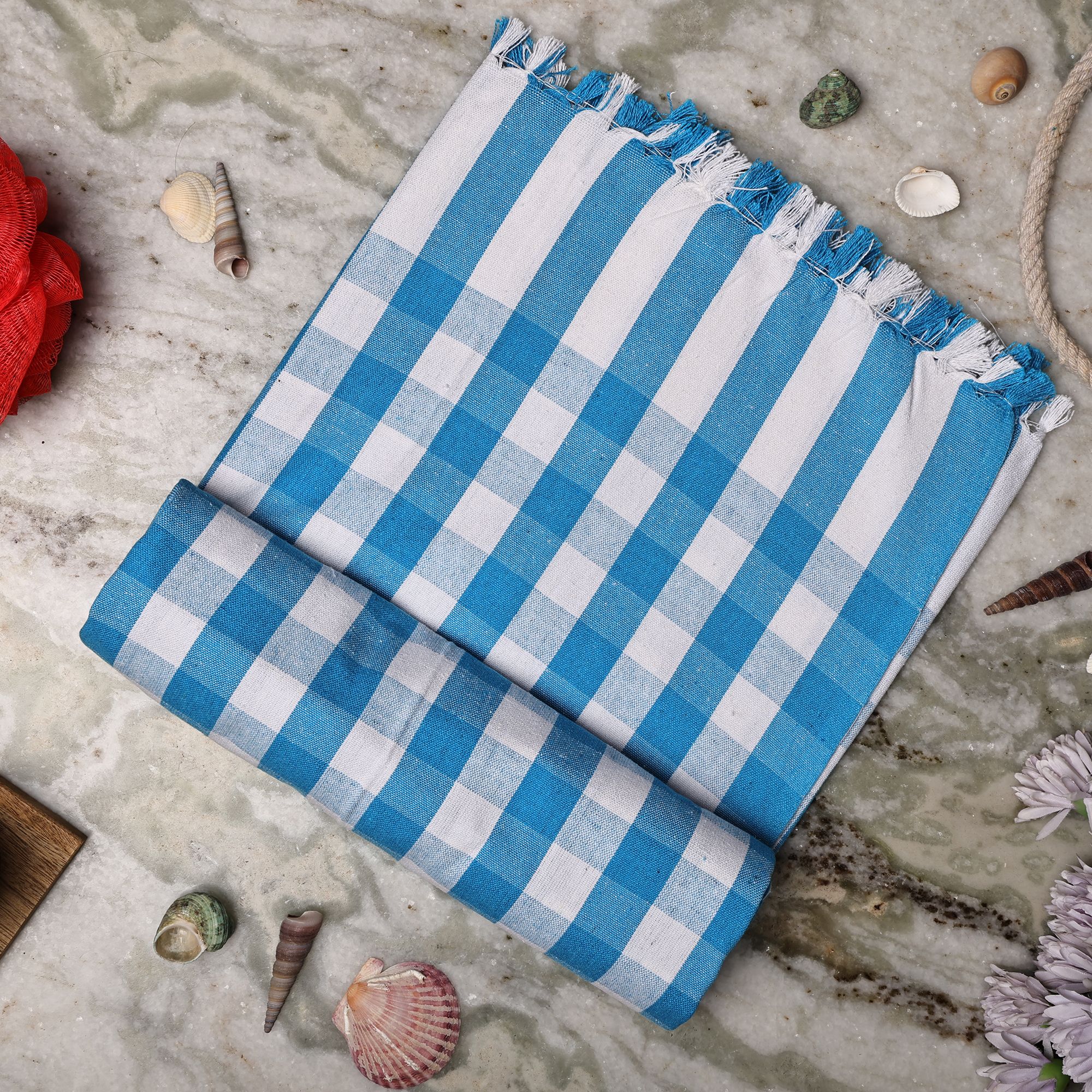 SME Handloom Cotton Bath Towels/Big Towel Comfort Bath Towel for Men and Women, Large Size Combo Pack of 2 (Blue & Orange White Stripe)