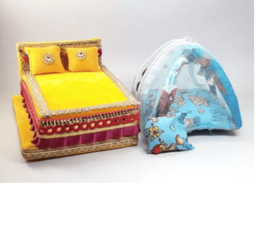 RDH ENTERPRISES Thakur ji Bed , Laddu Gopal Mosquito Net Bed usable 0 to 3 no Silk All Purpose Chowki  (Yellow, Pack of 3)
