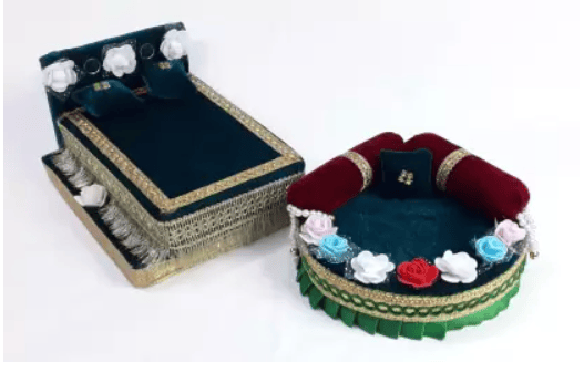 R D Handicraft Combo Thakur ji Singhasan / Laddu Gopal ji Bed Usable 0 to 3 no Laddu Gopal ji Silk All Purpose Chowki  (Green, Pack of 2)