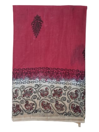 Sanganeri Hand block Printed Red and Cream border Ultra Light weight Pure cotton saree