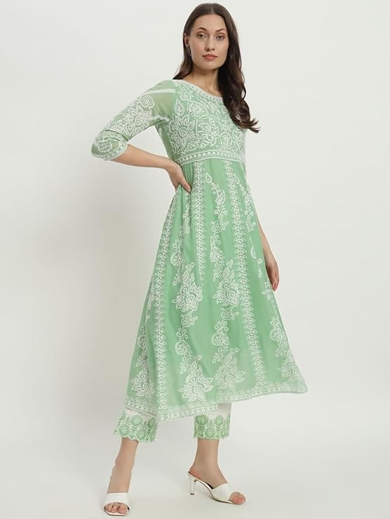 Green Chikankari Embroidered A-Line Kurta with Pant Set