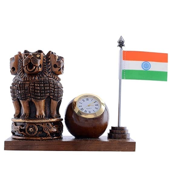 Patwari Arts Wooden Dark Brown Ashokha Stambh Pen Stand With Watch And Flag, Pen Stand, Desk Organizer, Pen Holder, Peen/Pencil Holder.
