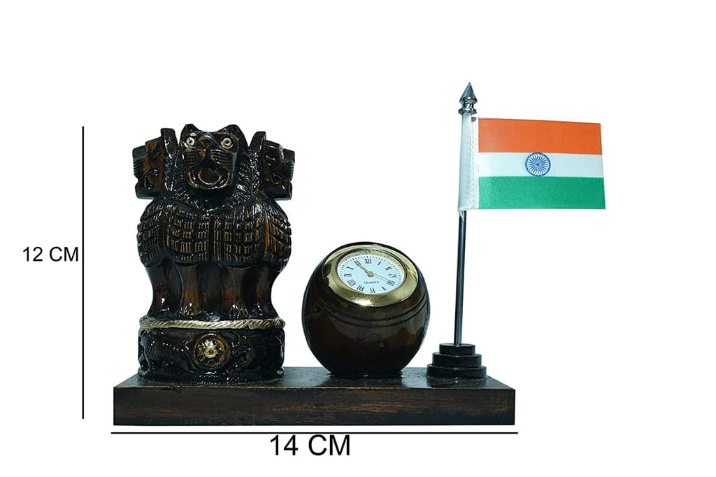 Patwari Arts Wooden Dark Brown Ashokha Stambh Pen Stand With Watch And Flag, Pen Stand, Desk Organizer, Pen Holder, Peen/Pencil Holder.
