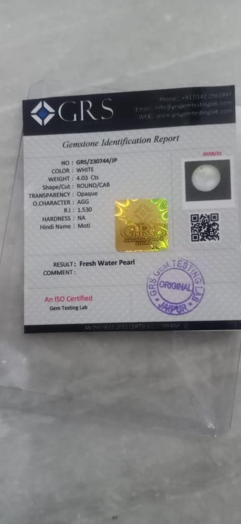 ISO Certified Natural 4.433 Ratti Fresh Water Pearl (Moti) Gemstone