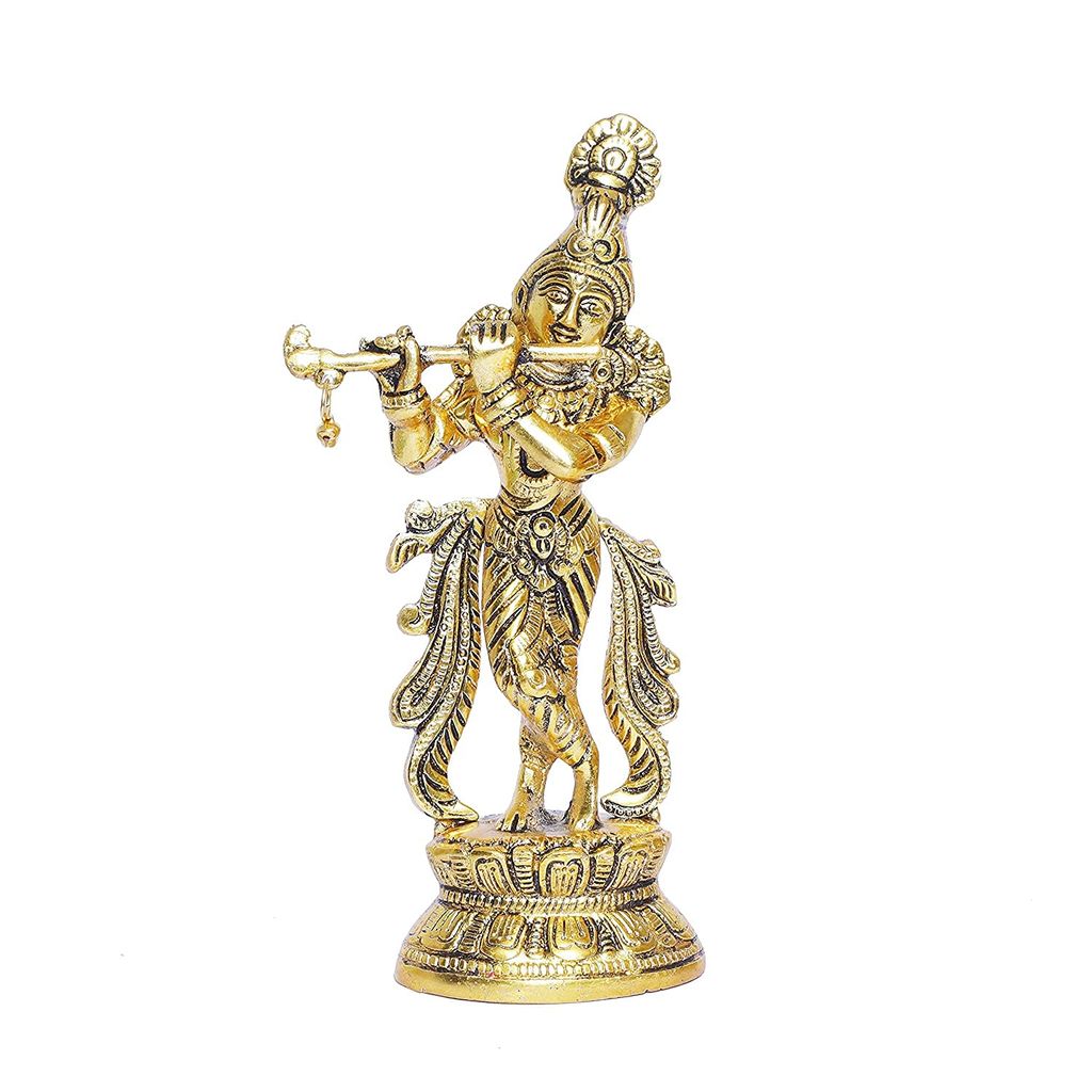 Set of 5 Gold-Plated Lord Krishna Idol Statues: Flute Playing Krishna Decorative Showpieces for Pooja Room & Gifts.