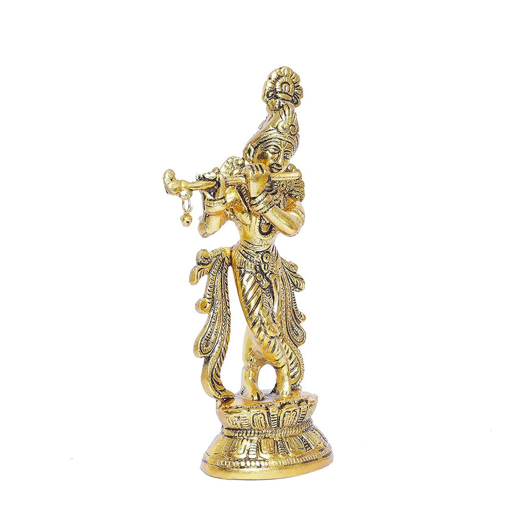Elevate Your Spiritual Space with a Gold-Plated Flute Playing Lord Krishna Idol: A Premium Showpiece Figurine for Pooja Room and Gifting