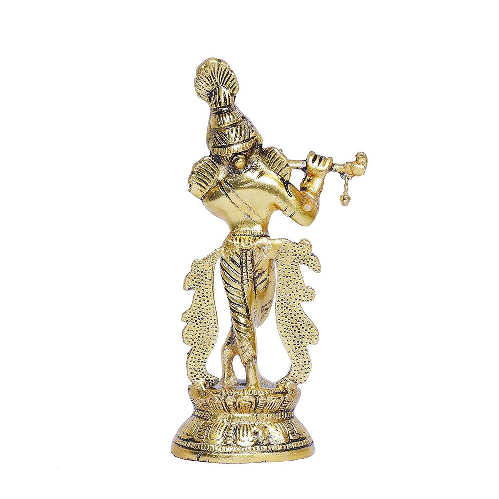 Elevate Your Spiritual Space with a Gold-Plated Flute Playing Lord Krishna Idol: A Premium Showpiece Figurine for Pooja Room and Gifting