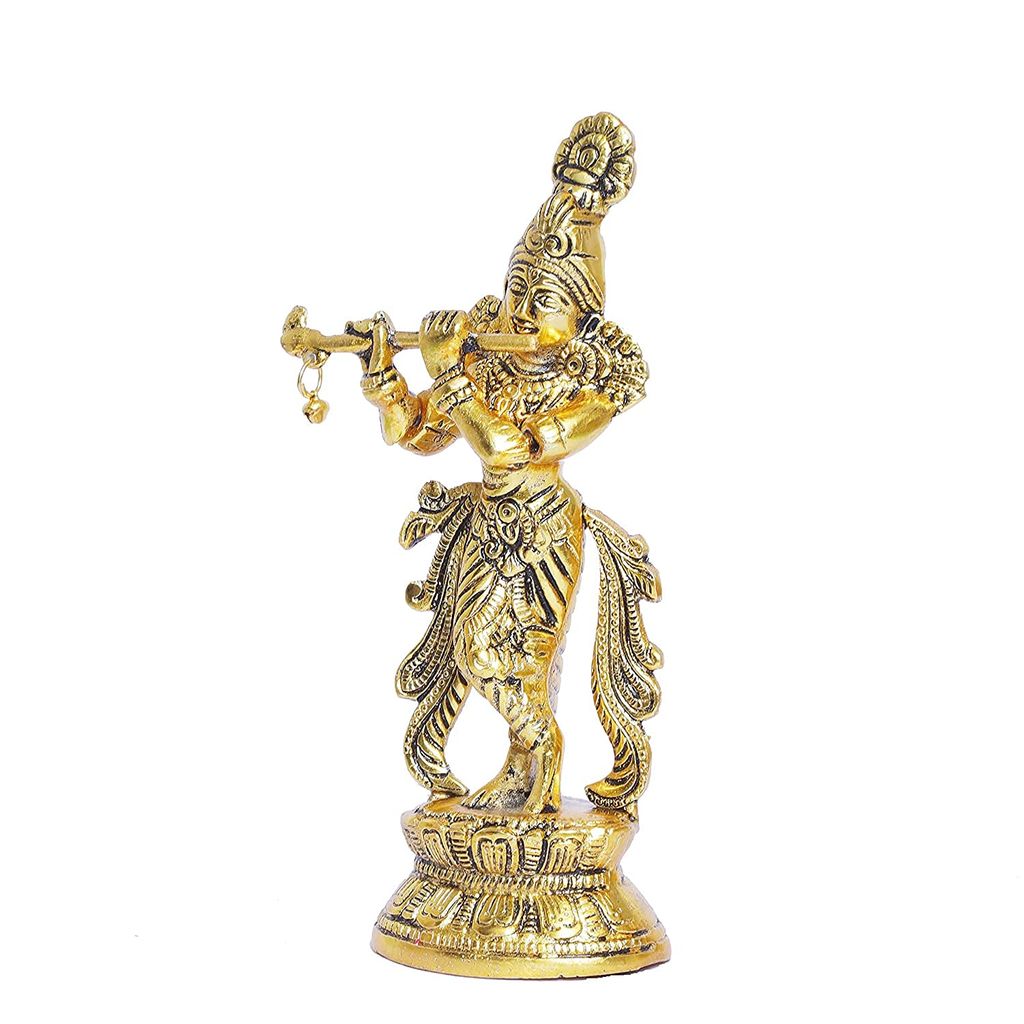 Elevate Your Spiritual Space with a Gold-Plated Flute Playing Lord Krishna Idol: A Premium Showpiece Figurine for Pooja Room and Gifting