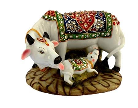 Patwari Arts Cow & Calf Good Luck Statue Decorative Marble dust/Polyresin Cow and Calf Showpiece Idols and Figurines, 5x3x3 Inches.