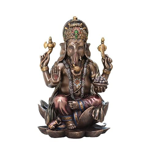 3.5 inches Lord Ganesha Bronze Finish Resin Idol on Lotus Base, Remover of Obstacles Statue for Home Temple Pooja Decor.