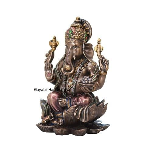 3.5 inches Lord Ganesha Bronze Finish Resin Idol on Lotus Base, Remover of Obstacles Statue for Home Temple Pooja Decor.
