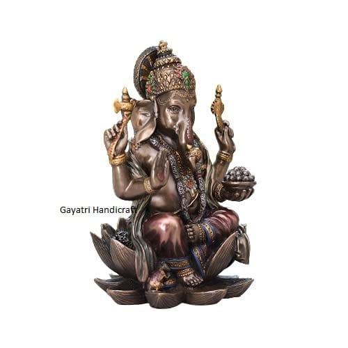 3.5 inches Lord Ganesha Bronze Finish Resin Idol on Lotus Base, Remover of Obstacles Statue for Home Temple Pooja Decor.