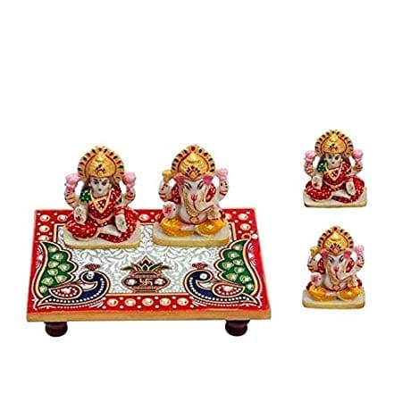 Patwari Arts Laxmi Ganesh Ji Idol with Marble Choki, Hand-Crafted Peacock Design Small Marble Chowki for God (6x4 Inche)