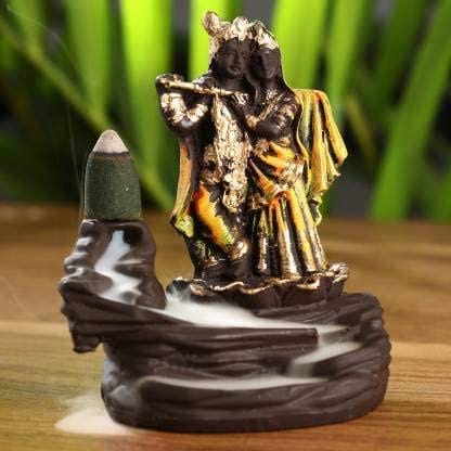Lord Radha Krishna Statue Smoke Fountain Backflow Incense Holder Decorative Showpiece with 10 Free backflow Cones.