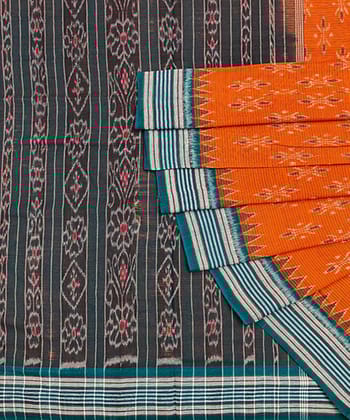 Orange Black Sambalpuri Handwoven Single Ikat Cotton Saree SFCSAR1492