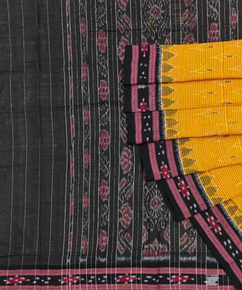 Yellow Black Sambalpuri Handwoven Single Ikat Cotton Saree