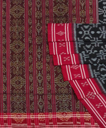 Black Red Sambalpuri Handwoven Single Ikat Cotton Saree