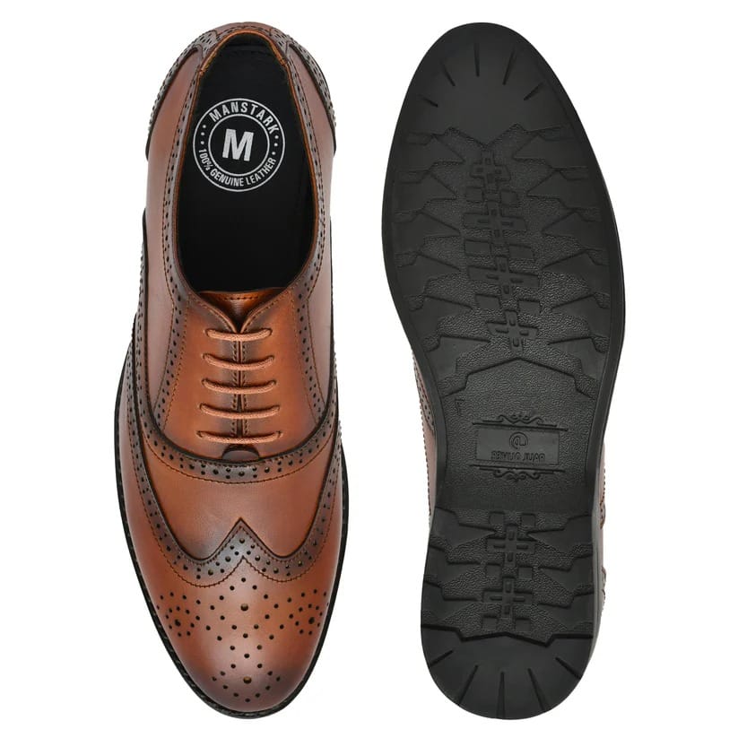 MANSTARK PRESENT 100% GENUINE LEATHER HANDCRAFTED FORMAL LACE-UP DERBY STYLE SHOES FULL BROUGES WITH WINGTIPS FOR MENS.