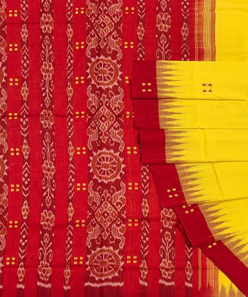 Yellow Red Sambalpuri Handwoven Single Ikat Cotton Saree
