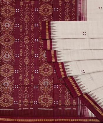 Beige Maroon Sambalpuri Handwoven Single Ikat Cotton Saree