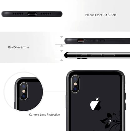 Memumi Crystal Series Tempered Glass Back Cover for Apple iPhone Xs - Flower-Black) (5.8")