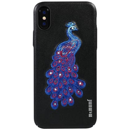 Memumi Peacock Series Real Embroidery Leather Back Cover for Apple iPhone X/10 PC+TPU-Black (5.8")