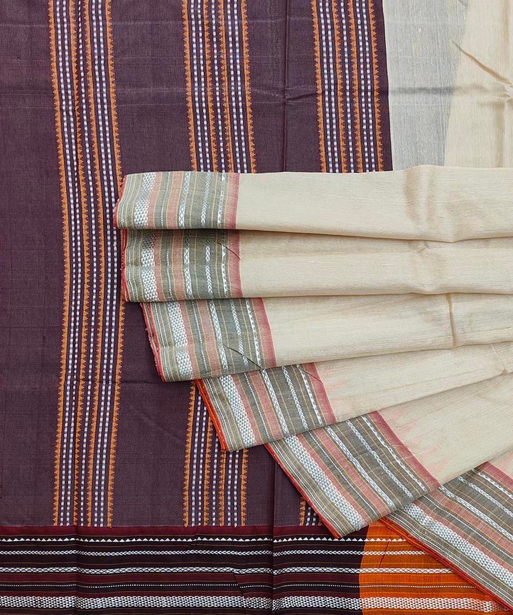 Beige Black Sambalpuri Handwoven Wide Border Vidarbha Tussar Silk Saree SFTSAR1520