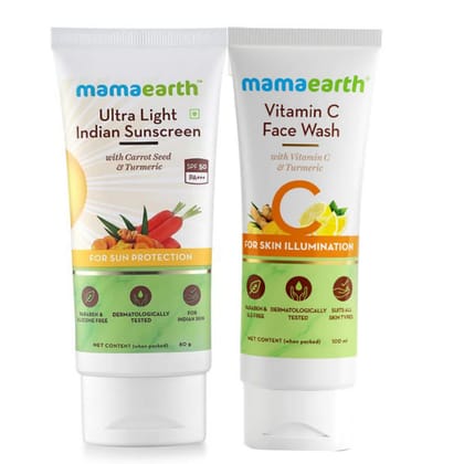Mamaearth Ultra Light Indian Sunscreen SPF50 PA+++ With Turmeric & Carrot Seed (80gm) + Mamaearth Vitamin C Face Wash (100 ml) COMBO Mamaearth Ultra Light Indian Sunscreen SPF50 PA+++ With Turmeric & Carrot Seed (80gm) + Mamaearth Vitamin C Face Wash (100 ml) COMBO