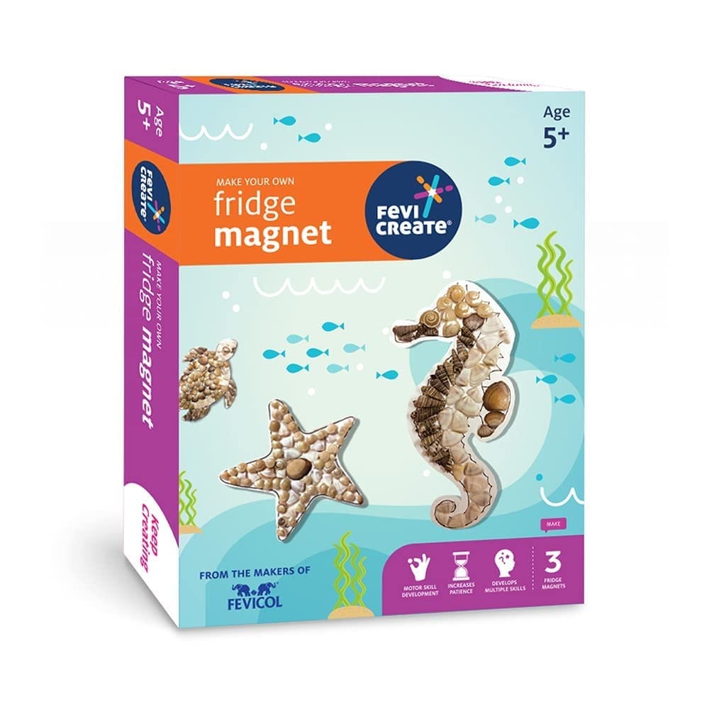 Pidilite Fevicreate DIY Fridge Magnet Art & Craft Kit Contains 3 Sea Creature Cutouts, Assorted sea Shells, Magnet Strips, Fevicol MR & More| Best Gift for Boys & Girls Age 5 Years+