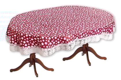 CRAFT CITY Red Color Polka Dots Print Dining Table Cover for 4 to 6 Seater Table Cloth/Water and dust with Oil-Proof PVC Oval Shape