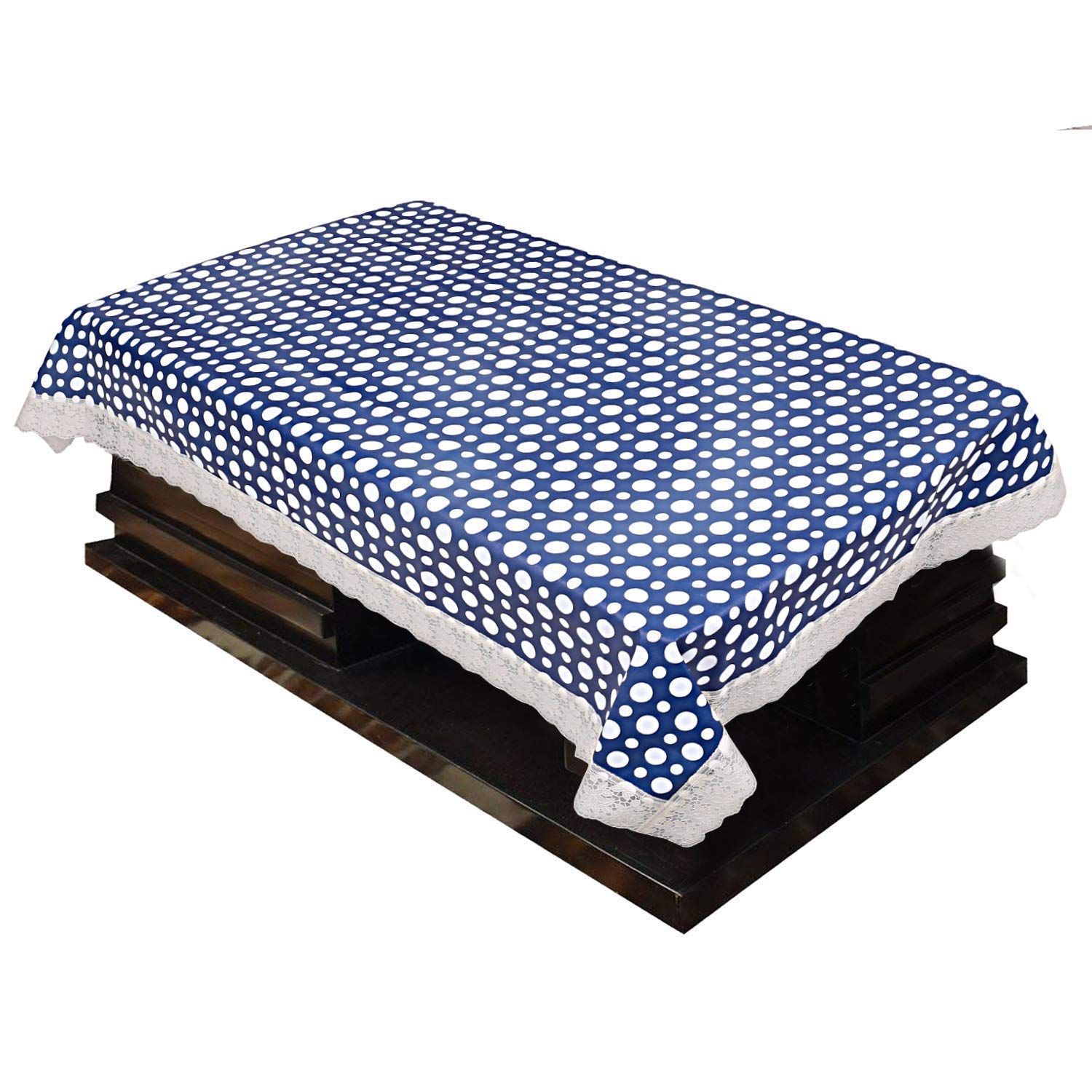 CRAFT CITY Blue Color Polka Dots Print Center/Dining Table Cover for 2/4/6 Seater Table Cloth/Water and dust with Oil-Proof PVC Rectangular Shape