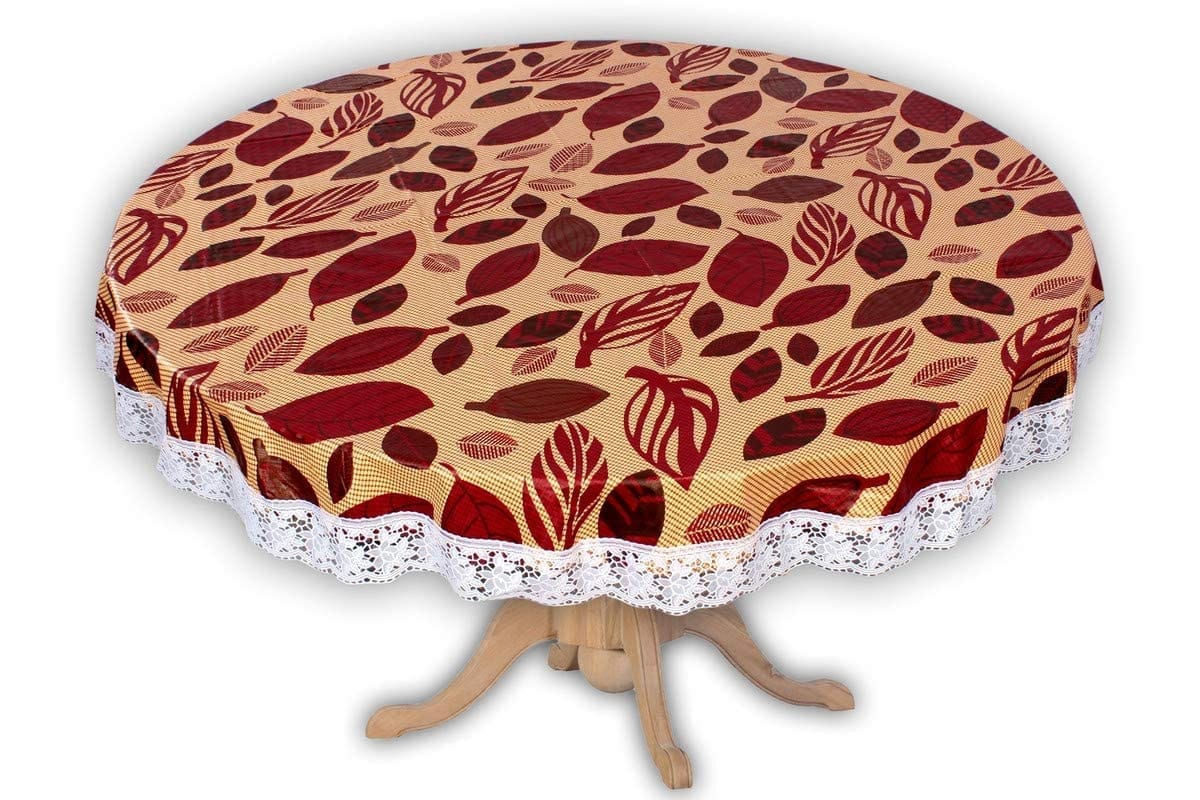 CRAFT CITY Brown Color Big Leaf Design Center/Dining Table Cover for 2/4 Seater Table Cloth/Water and dust with Oil-Proof PVC Round Shape